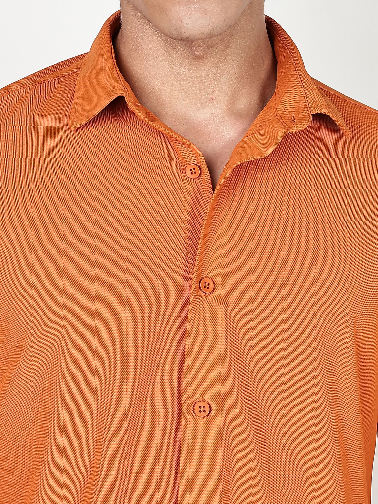 Thomas Scott Men Orange Premium Slim Fit Short Sleeves Spread Collar 4 Way Stretch CoolMax Knitted Shirt