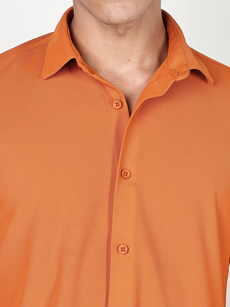 Thomas Scott Men Orange Premium Slim Fit Short Sleeves Spread Collar 4 Way Stretch CoolMax Knitted Shirt