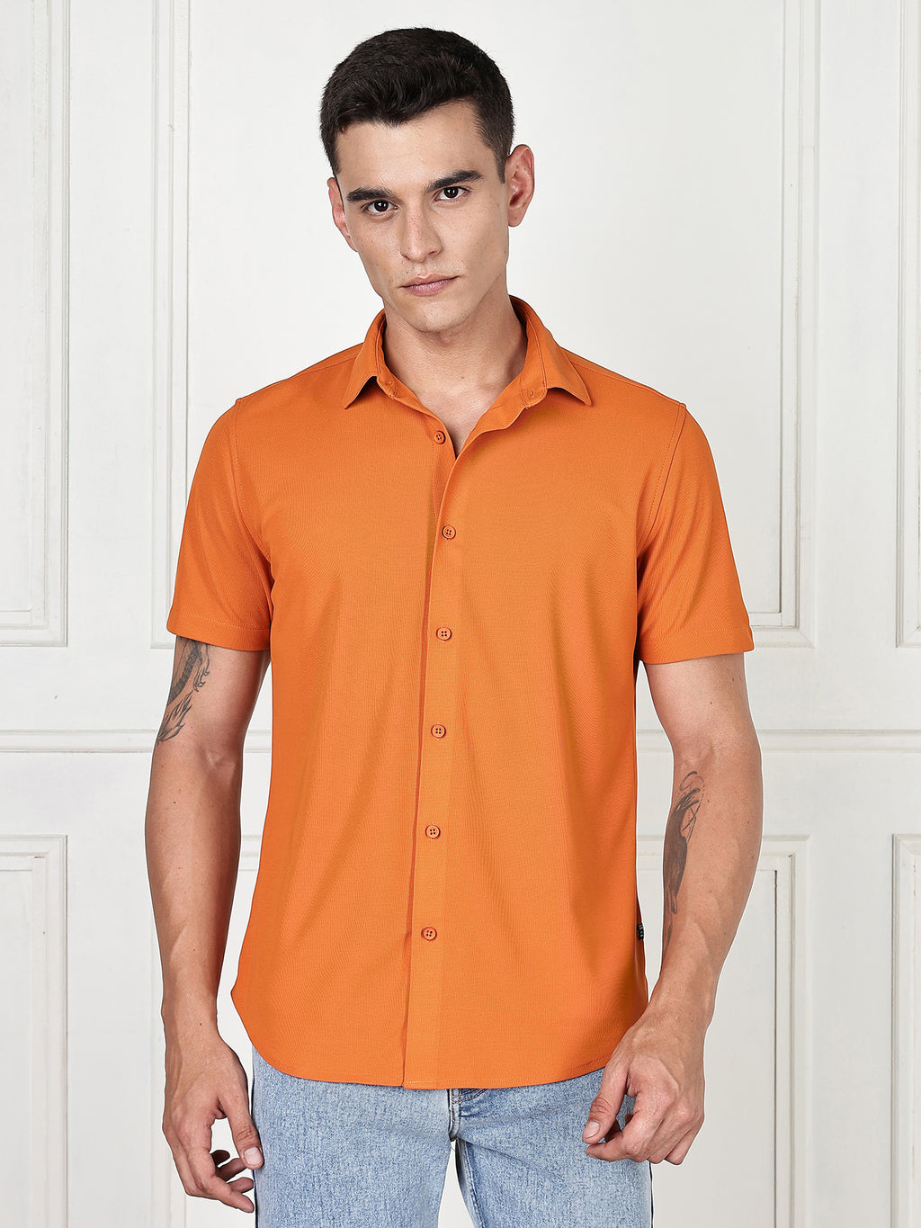 Thomas Scott Men Orange Premium Slim Fit Short Sleeves Spread Collar 4 Way Stretch CoolMax Knitted Shirt