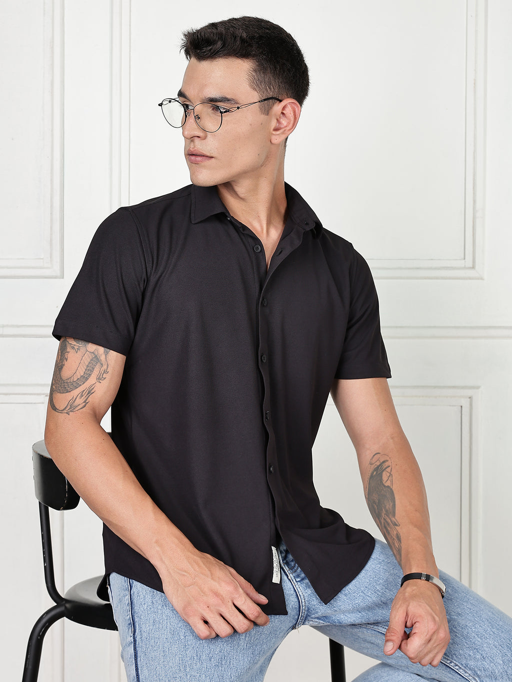 Thomas Scott Men Black Premium Slim Fit Short Sleeves Spread Collar 4 Way Stretch CoolMax Knitted Shirt