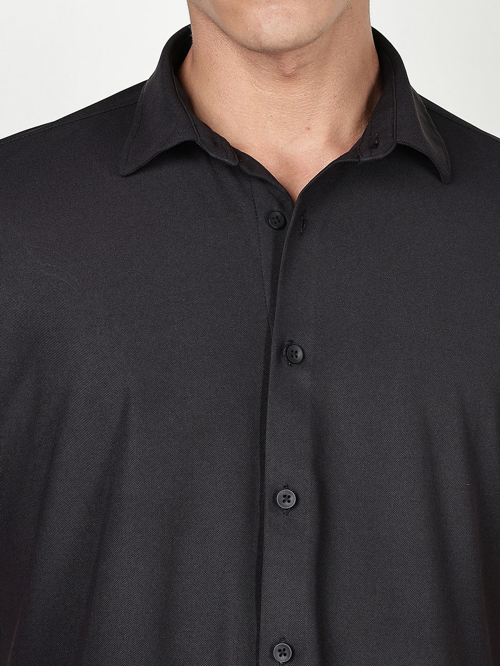 Thomas Scott Men Black Premium Slim Fit Short Sleeves Spread Collar 4 Way Stretch CoolMax Knitted Shirt