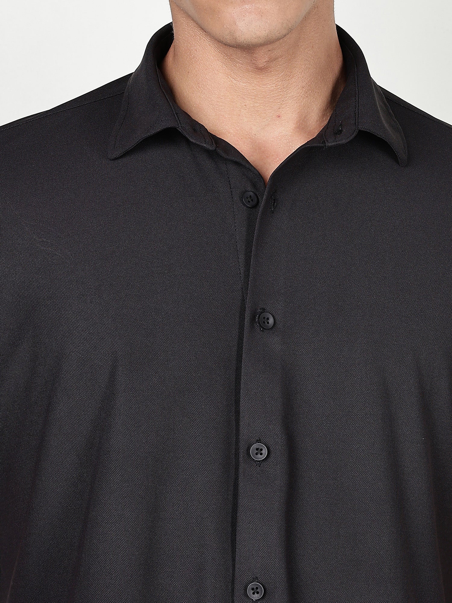 Thomas Scott Men Black Premium Slim Fit Short Sleeves Spread Collar 4 Way Stretch CoolMax Knitted Shirt