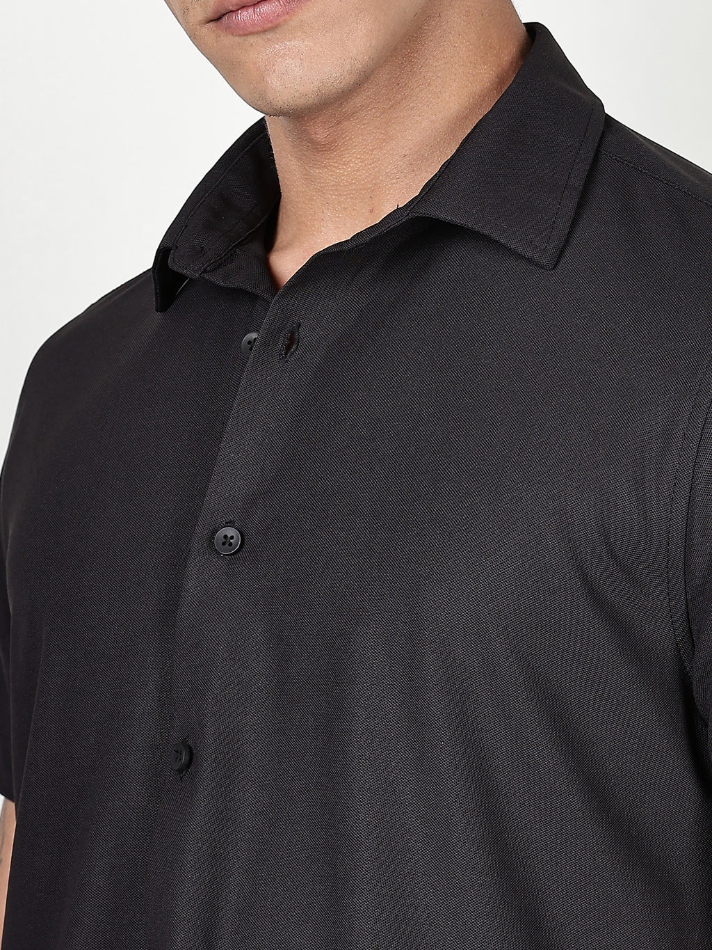 Thomas Scott Men Black Premium Slim Fit Short Sleeves Spread Collar 4 Way Stretch CoolMax Knitted Shirt