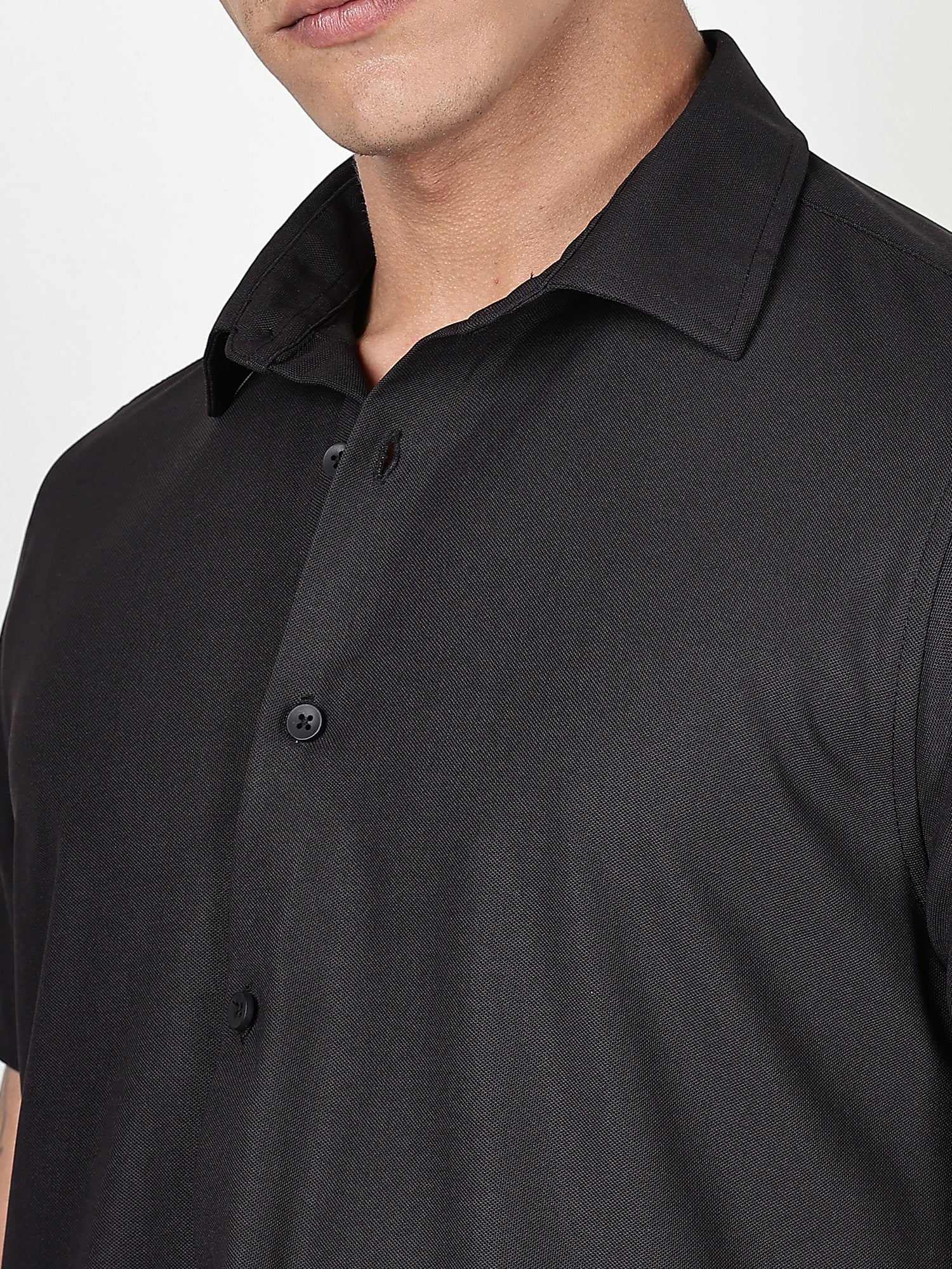 Thomas Scott Men Black Premium Slim Fit Short Sleeves Spread Collar 4 Way Stretch CoolMax Knitted Shirt