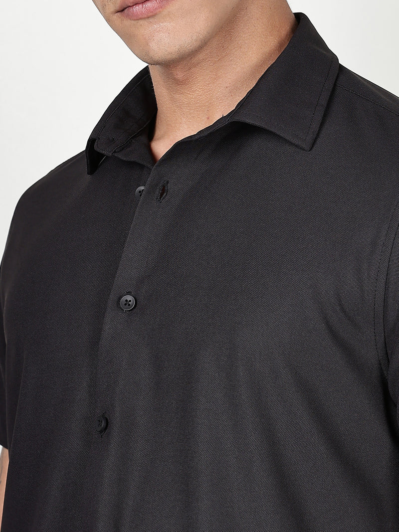 Thomas Scott Men Black Premium Slim Fit Short Sleeves Spread Collar 4 Way Stretch CoolMax Knitted Shirt