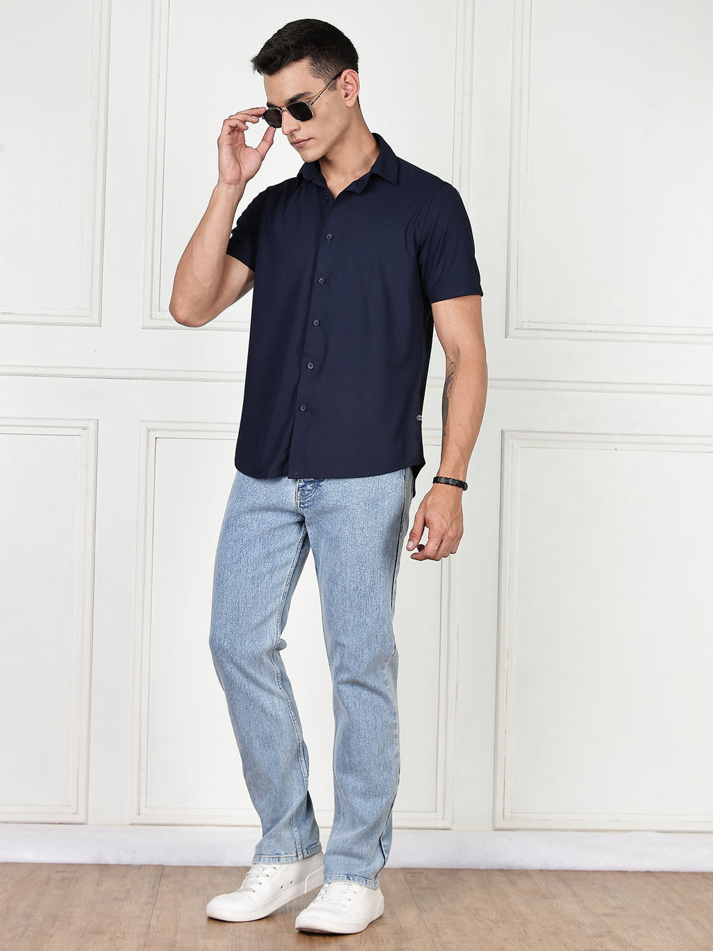 Thomas Scott Men Navy Premium Slim Fit Short Sleeves Spread Collar 4 Way Stretch CoolMax Knitted Shirt