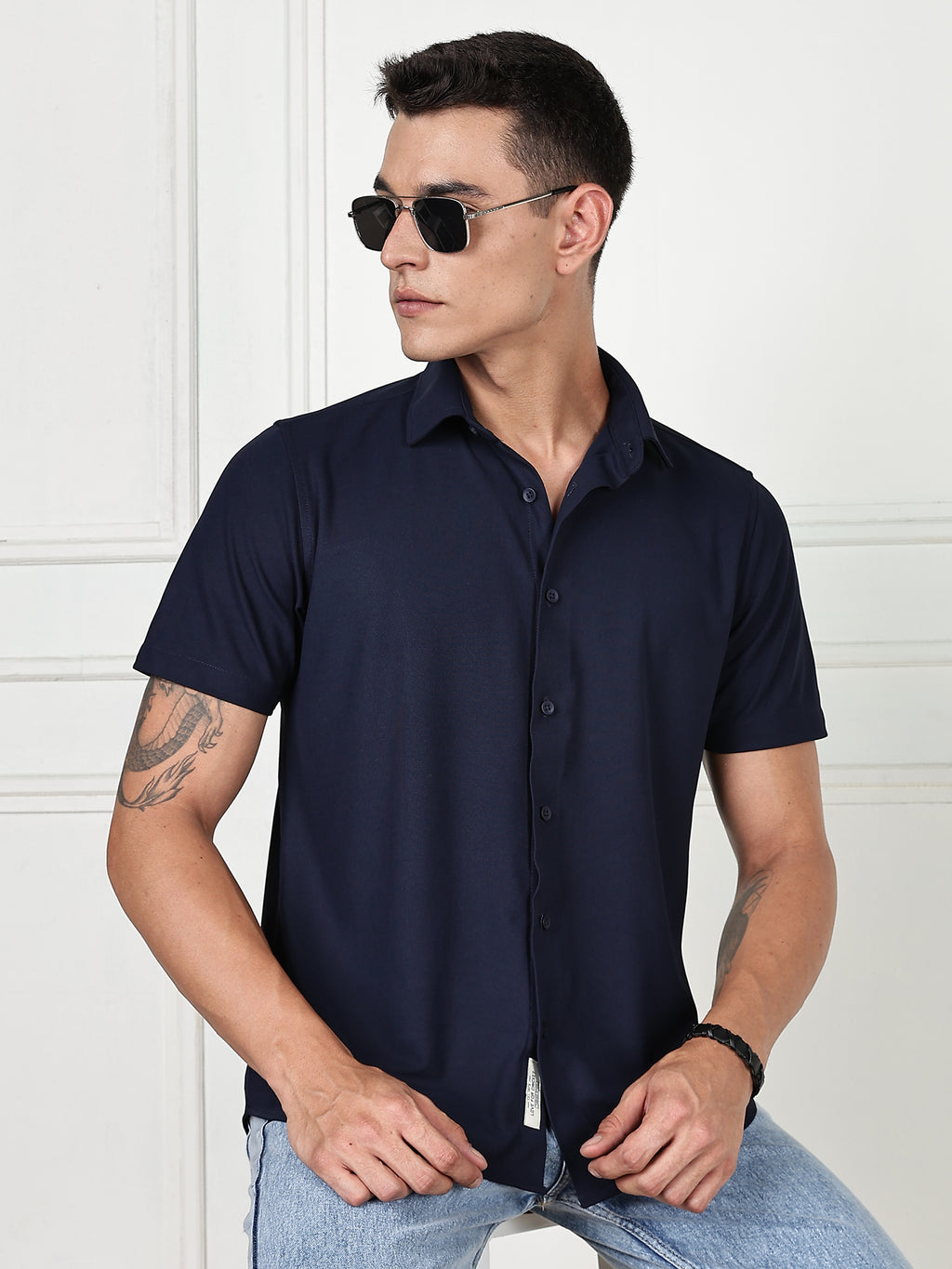 Thomas Scott Men Navy Premium Slim Fit Short Sleeves Spread Collar 4 Way Stretch CoolMax Knitted Shirt