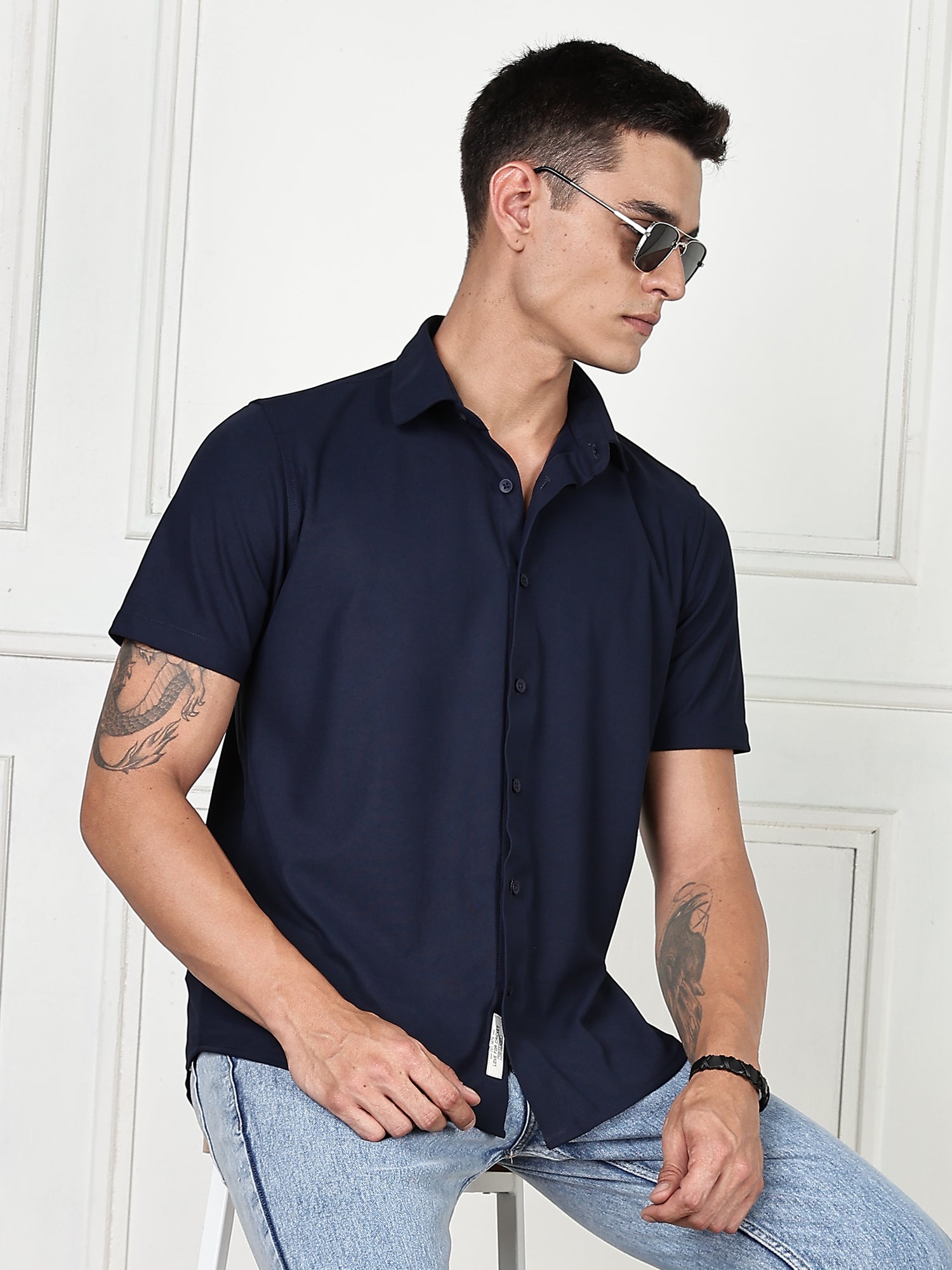 Thomas Scott Men Navy Premium Slim Fit Short Sleeves Spread Collar 4 Way Stretch CoolMax Knitted Shirt