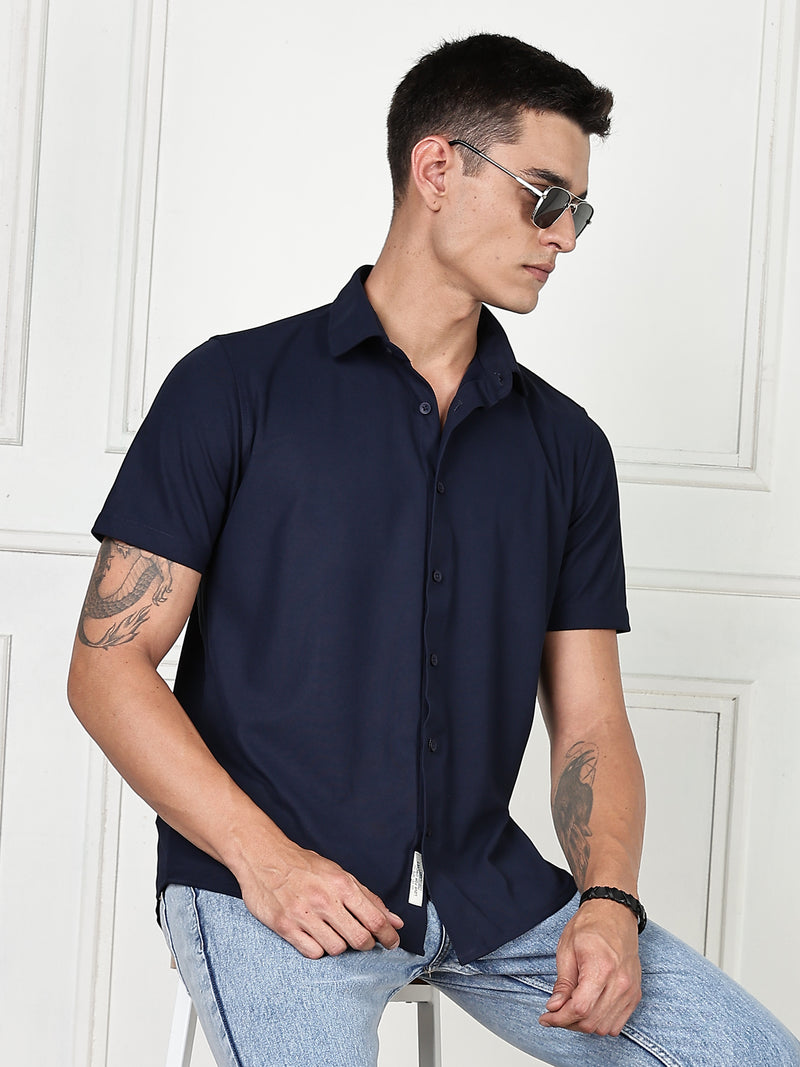 Thomas Scott Men Navy Premium Slim Fit Short Sleeves Spread Collar 4 Way Stretch CoolMax Knitted Shirt