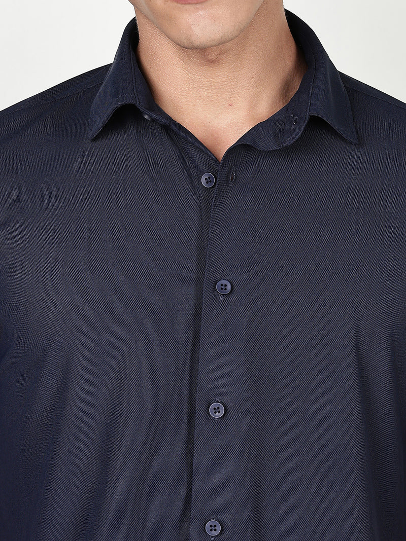 Thomas Scott Men Navy Premium Slim Fit Short Sleeves Spread Collar 4 Way Stretch CoolMax Knitted Shirt