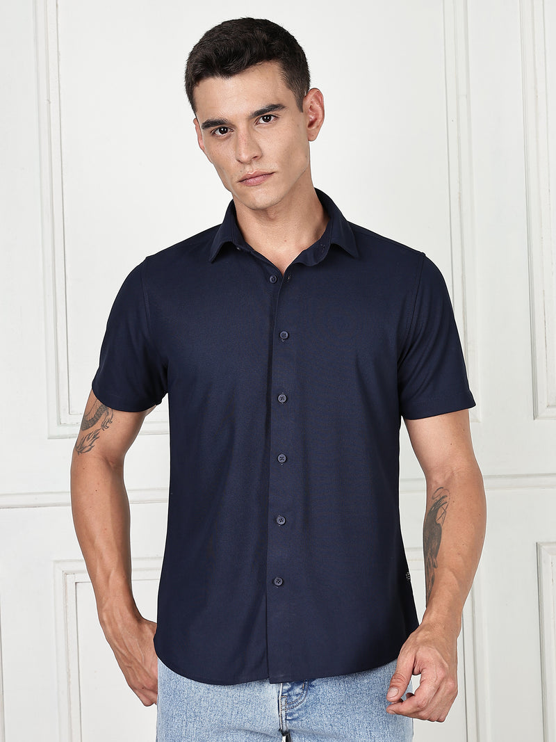 Thomas Scott Men Navy Premium Slim Fit Short Sleeves Spread Collar 4 Way Stretch CoolMax Knitted Shirt