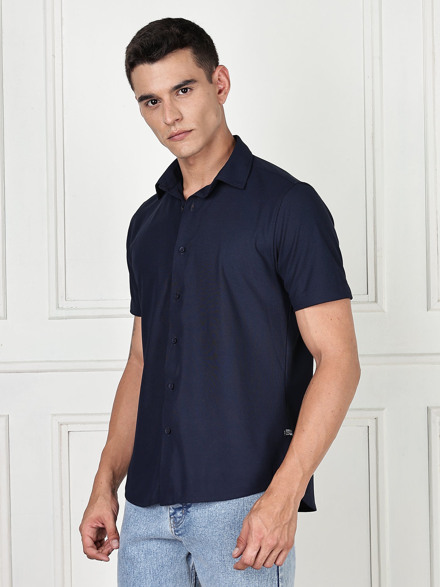 Thomas Scott Men Navy Premium Slim Fit Short Sleeves Spread Collar 4 Way Stretch CoolMax Knitted Shirt