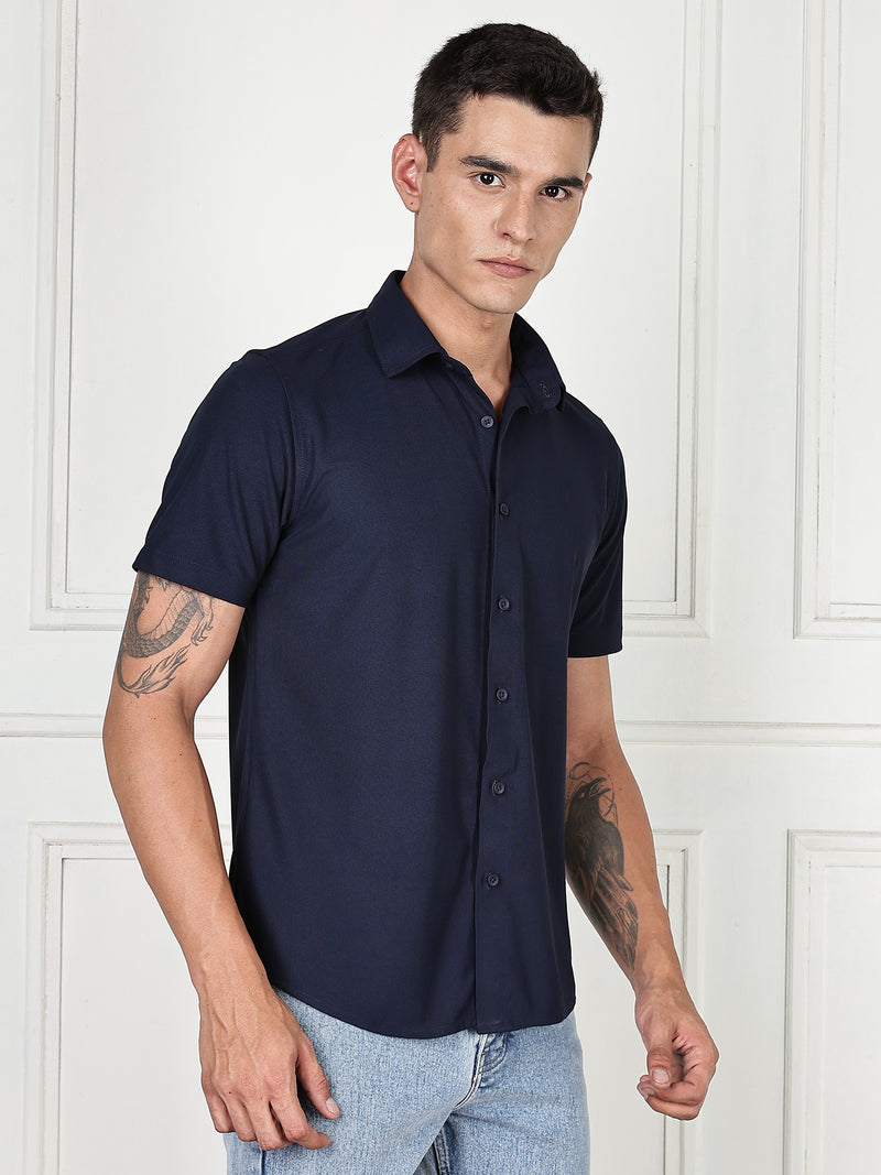 Thomas Scott Men Navy Premium Slim Fit Short Sleeves Spread Collar 4 Way Stretch CoolMax Knitted Shirt