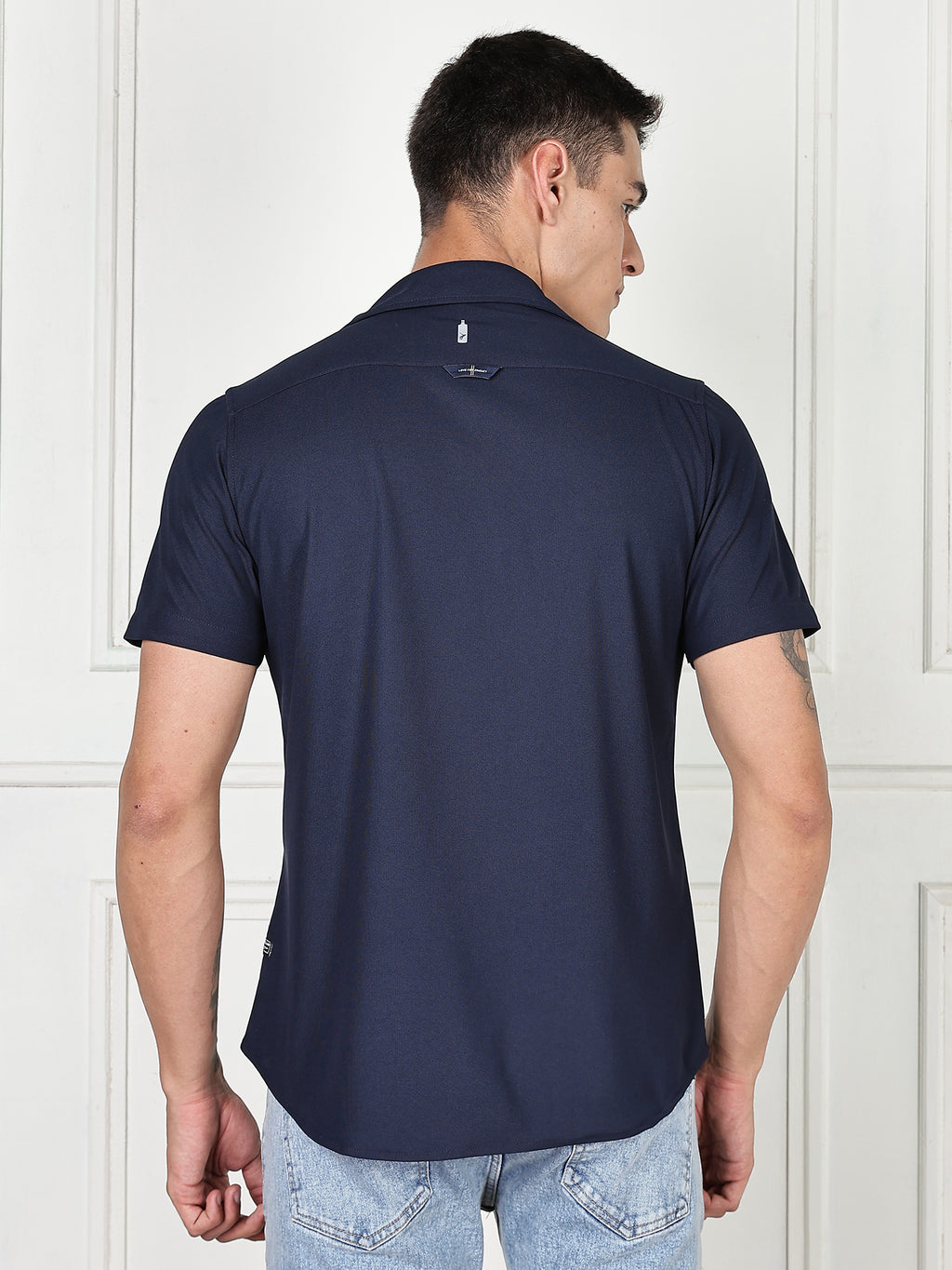 Thomas Scott Men Navy Premium Slim Fit Short Sleeves Spread Collar 4 Way Stretch CoolMax Knitted Shirt