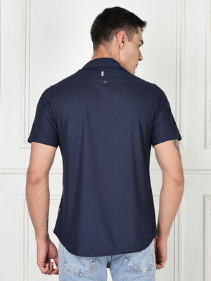 Thomas Scott Men Navy Premium Slim Fit Short Sleeves Spread Collar 4 Way Stretch CoolMax Knitted Shirt