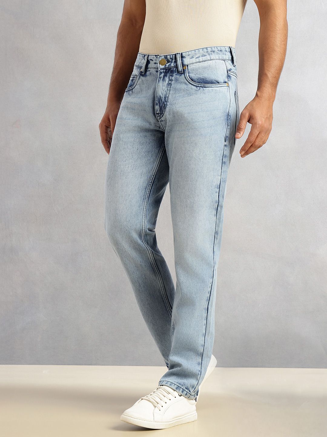 Mid Blue Smart Slim Fit Mid-Rise Light Shade Clean Look 5 Pocket Design Non Stretchable Jeans For Men