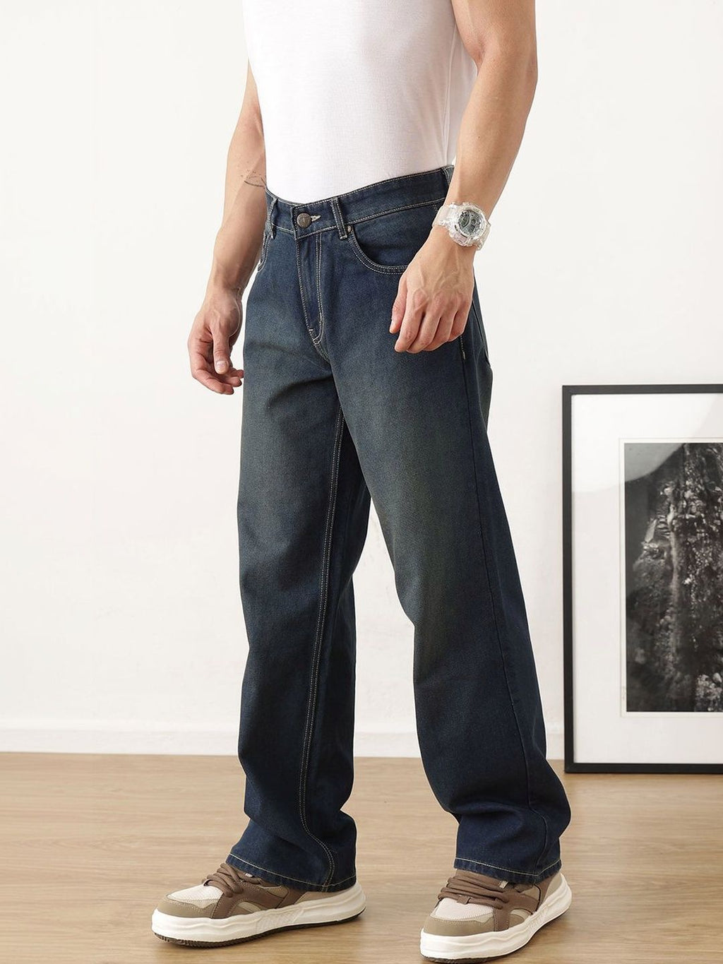 Dark Blue Baggy Fit Medium Shade Clean Look Non Stretchable Jeans For Men