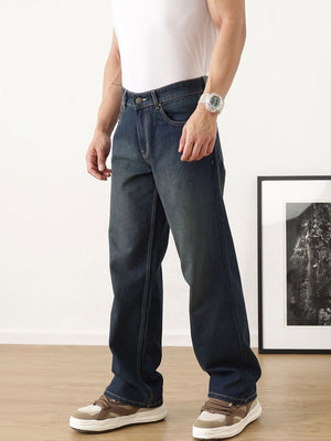 Dark Blue Baggy Fit Medium Shade Clean Look Non Stretchable Jeans For Men
