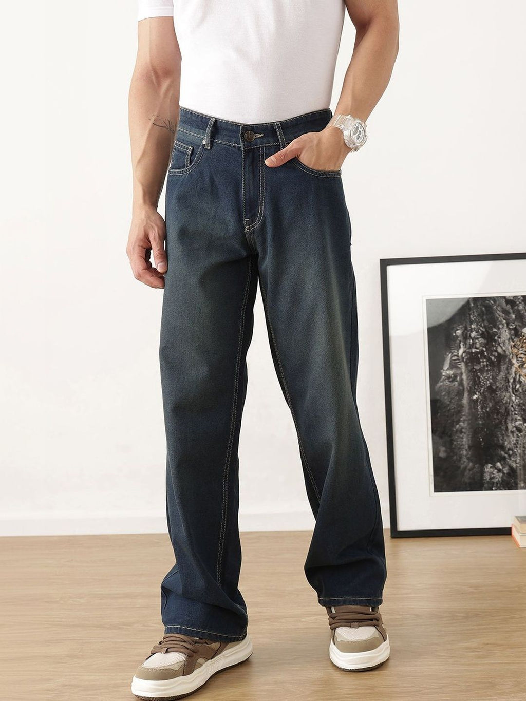 Dark Blue Baggy Fit Medium Shade Clean Look Non Stretchable Jeans For Men
