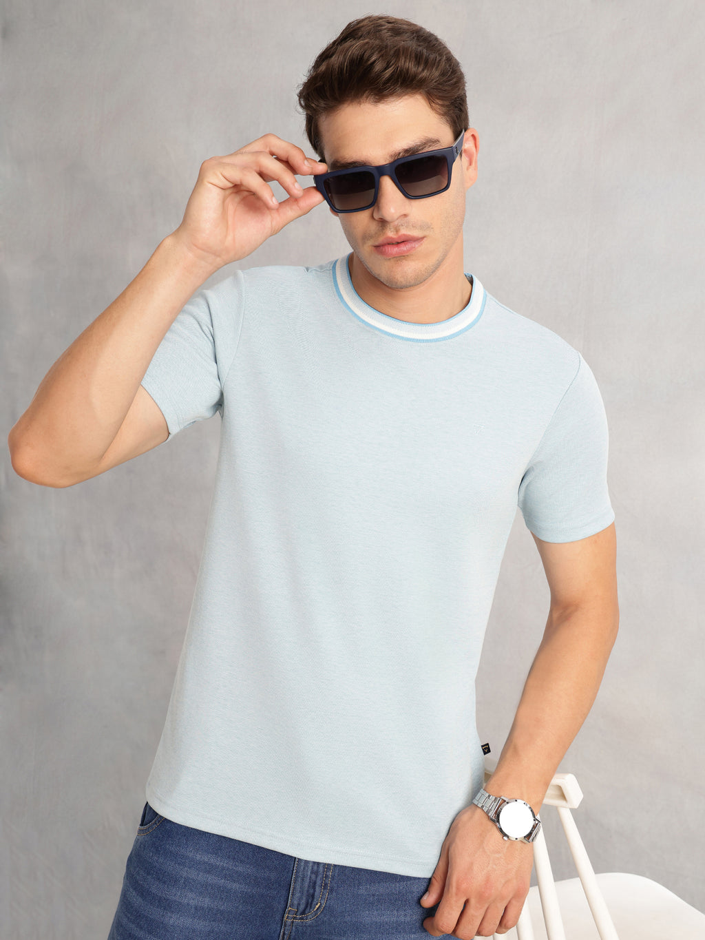 Thomas Scott Men Sky Blue Regular Fit Short Sleeves Round Neck Solid Knitted Tshirt