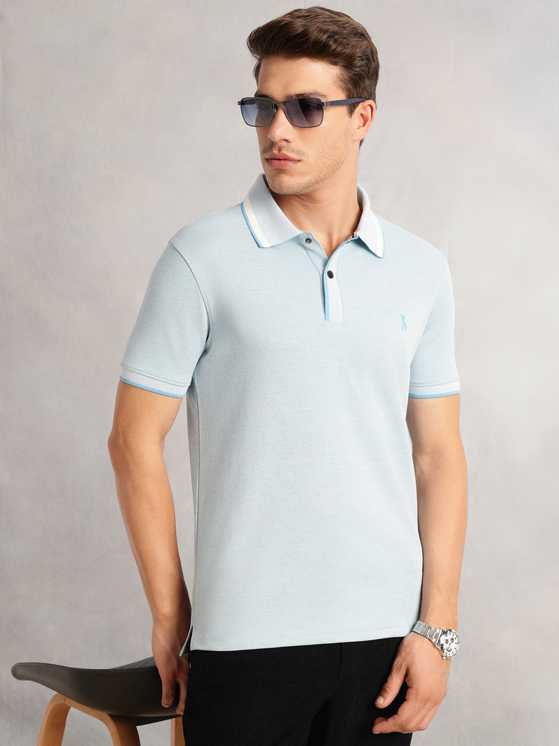Thomas Scott Men Sky Blue Cricket Club Collection Regular Fit Short Sleeves Solid Polo Collar Knitted T-Shirt