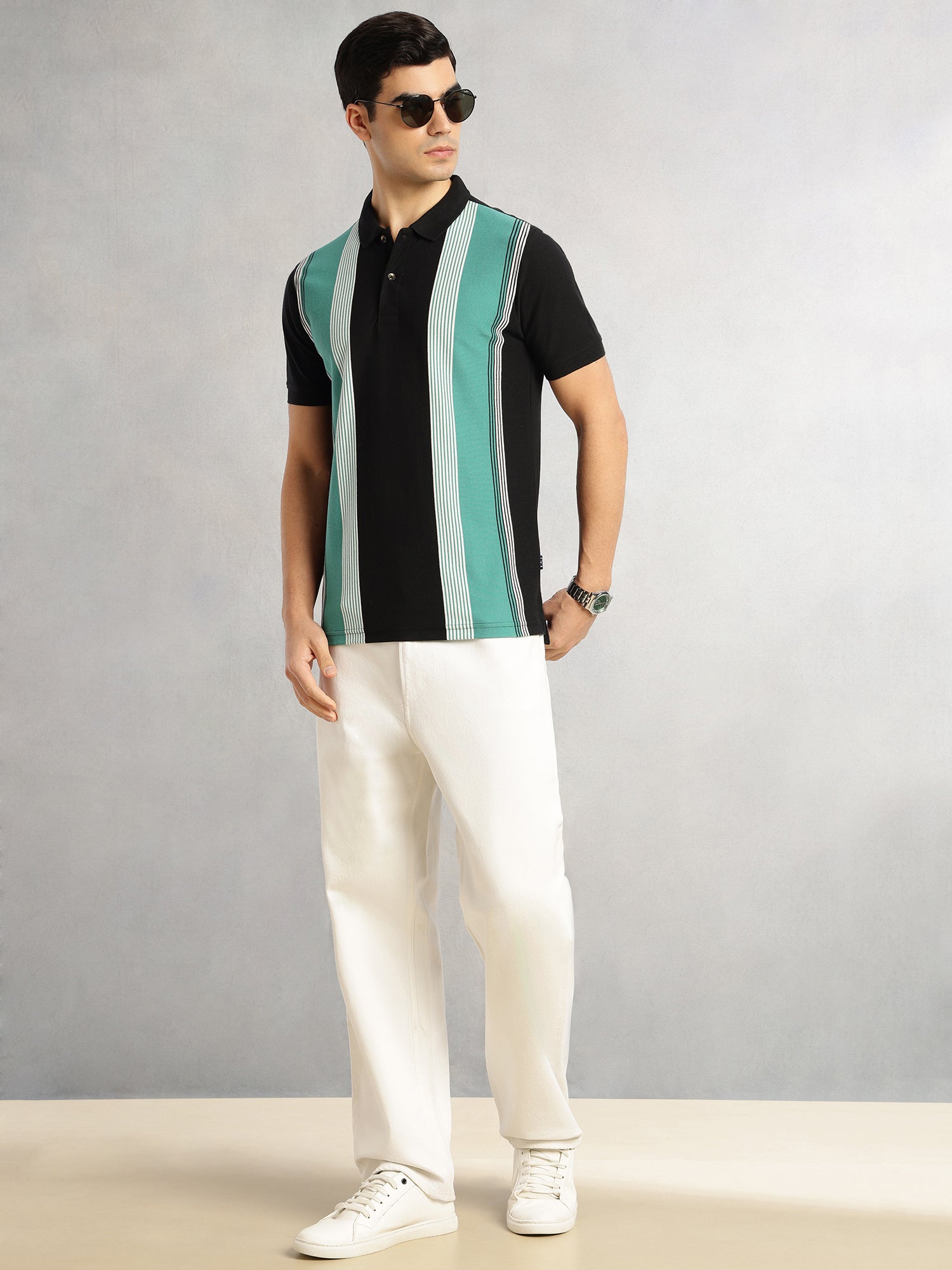 Thomas Scott Men Black Regular Fit Short Sleeves Striped Cotton Polyester Knitted Polo Collar Tshirt