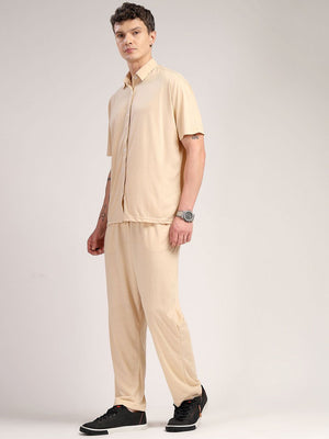 Beige Relaxed Fit Solid Polyester Co-Ords Set For Men