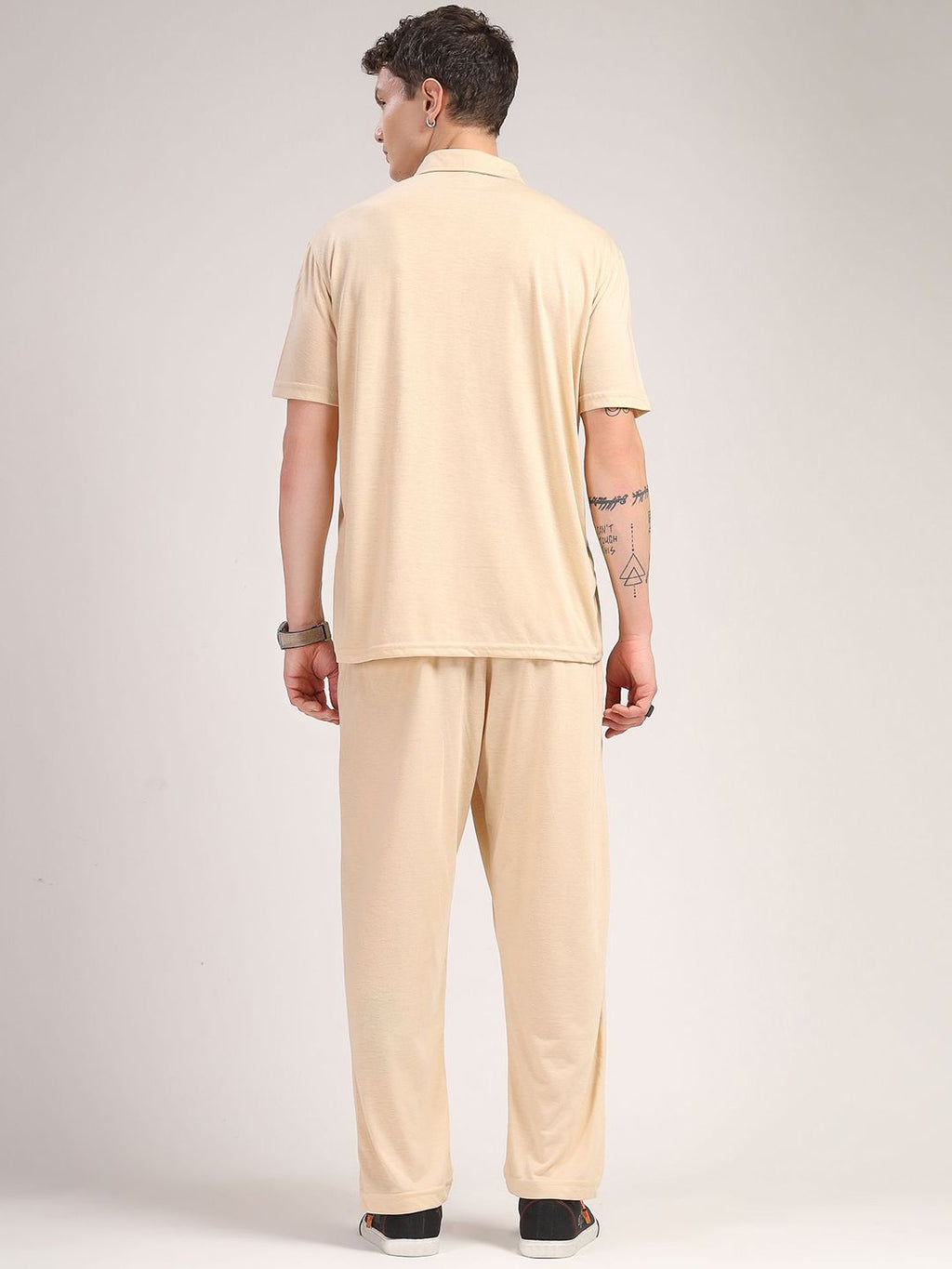 Beige Relaxed Fit Solid Polyester Co-Ords Set For Men