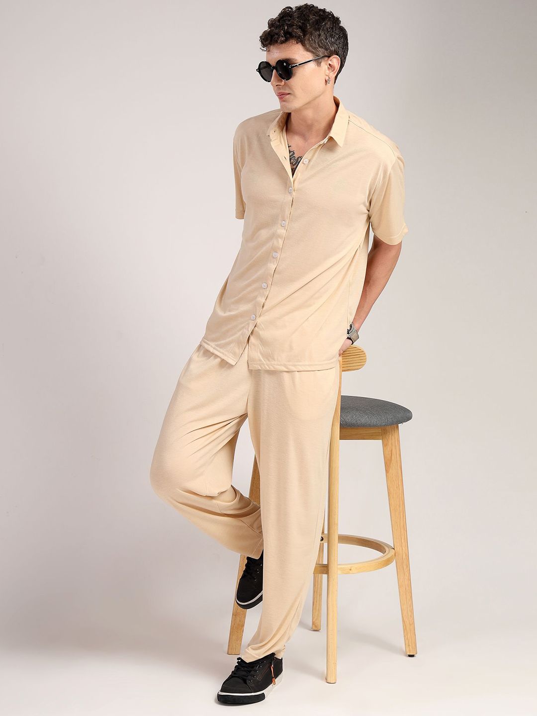 Beige Relaxed Fit Solid Polyester Co-Ords Set For Men