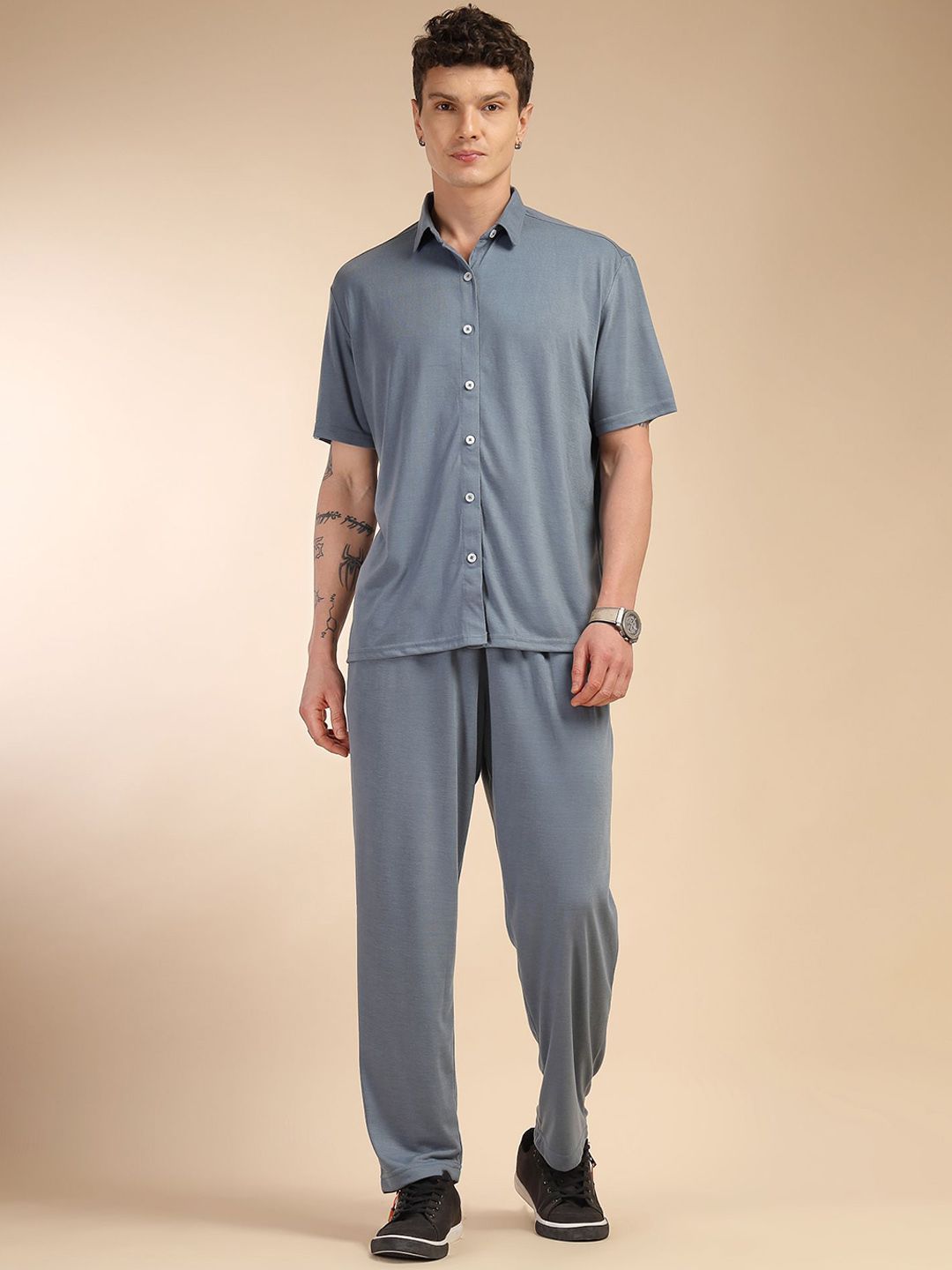 Blue Relaxed Fit Solid Polyester Co-Ords Set For Men