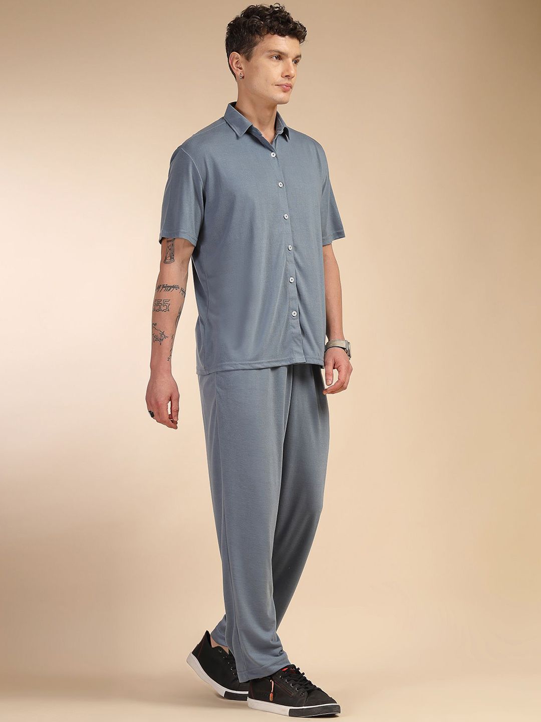 Blue Relaxed Fit Solid Polyester Co-Ords Set For Men