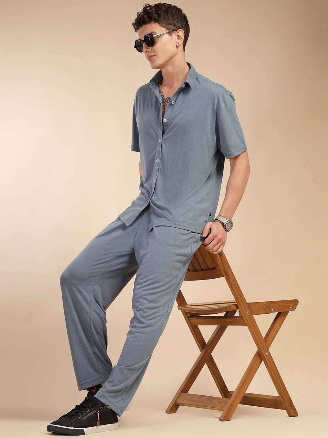 Blue Relaxed Fit Solid Polyester Co-Ords Set For Men