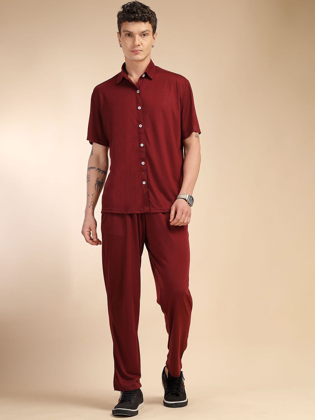 Wine Relaxed Fit Solid Polyester Co-Ords Set For Men