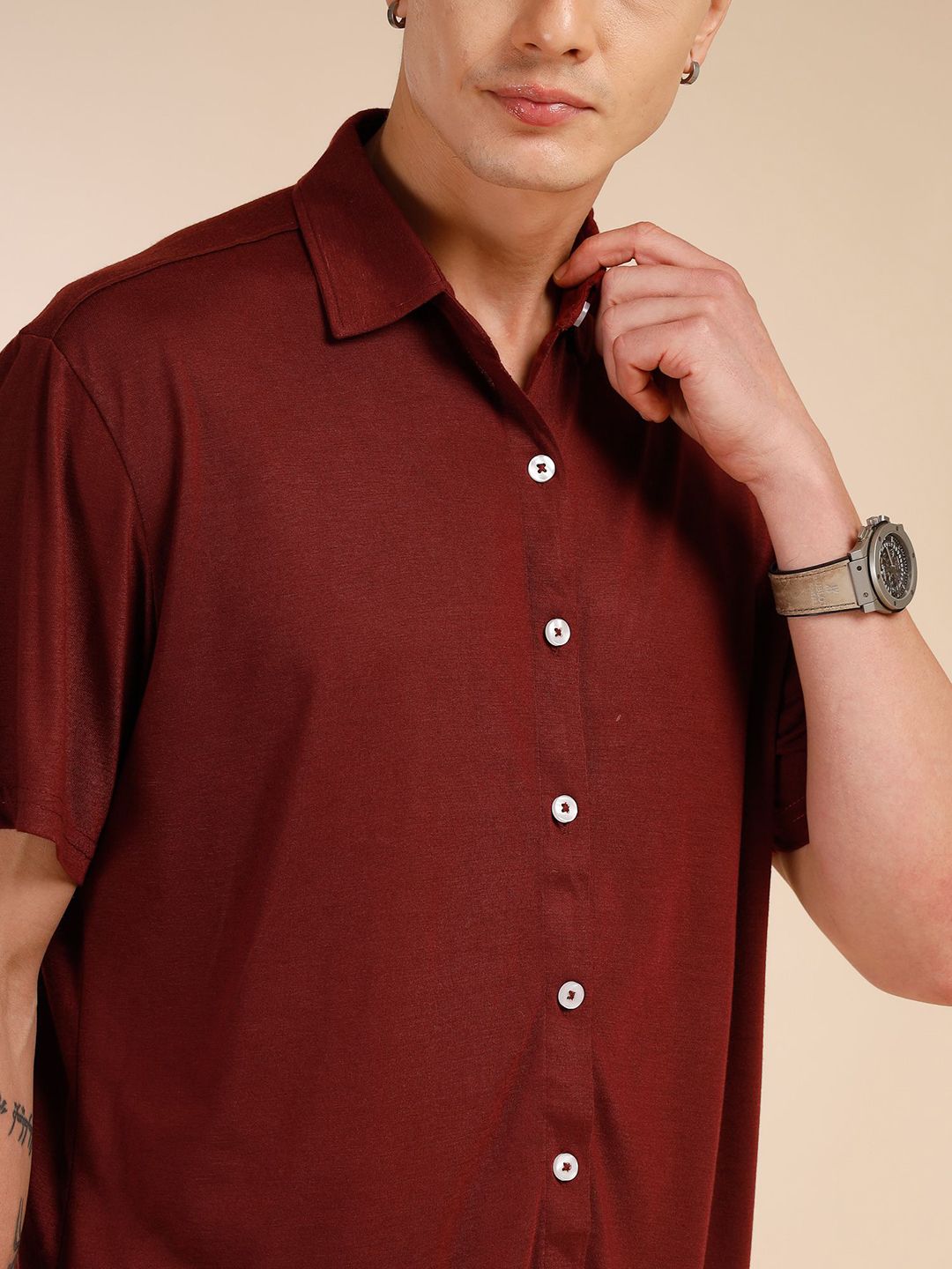 Wine Relaxed Fit Solid Polyester Co-Ords Set For Men