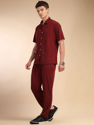 Wine Relaxed Fit Solid Polyester Co-Ords Set For Men