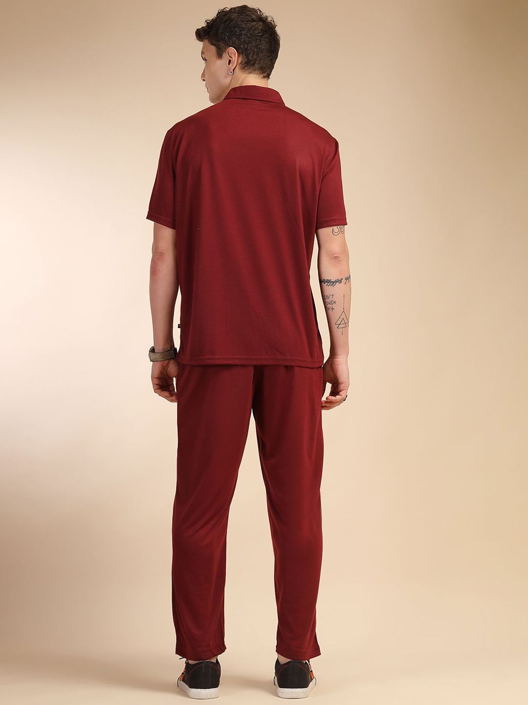 Wine Relaxed Fit Solid Polyester Co-Ords Set For Men