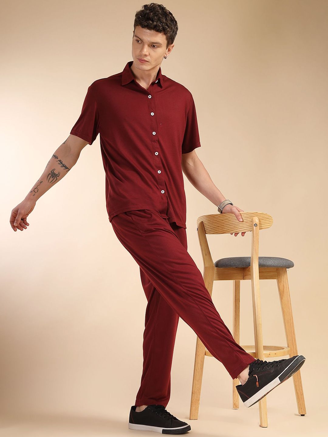 Wine Relaxed Fit Solid Polyester Co-Ords Set For Men