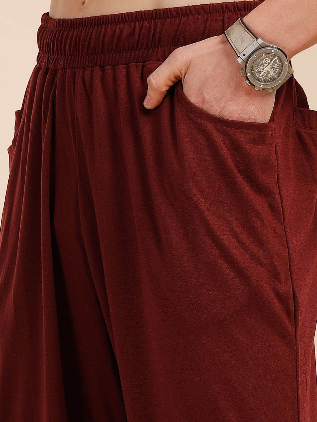 Wine Relaxed Fit Solid Polyester Co-Ords Set For Men