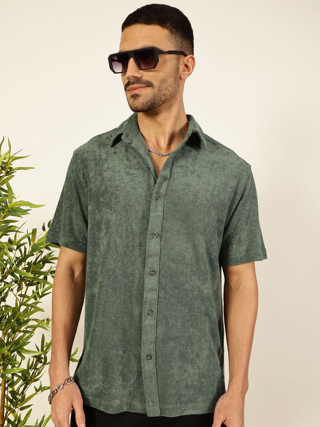 Sea Green Relaxed Fit Terry Towel Casual Knit Shirt For Men