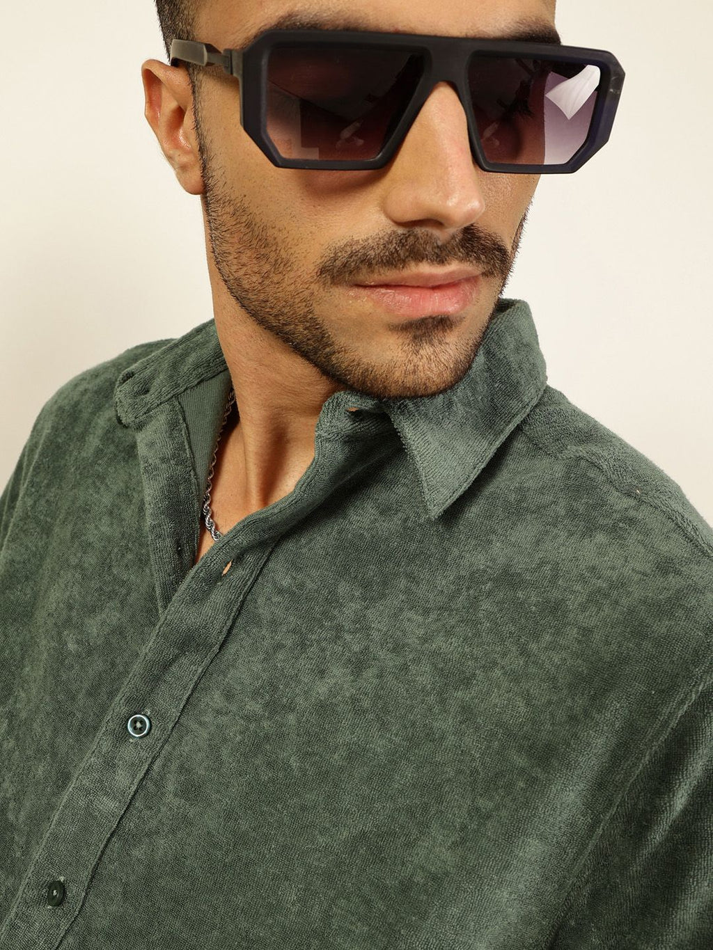 Sea Green Relaxed Fit Terry Towel Casual Knit Shirt For Men