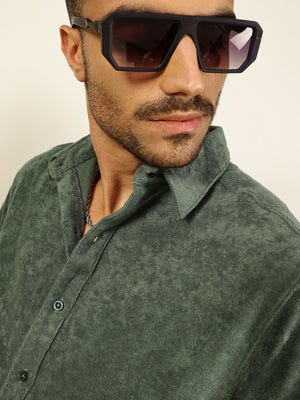 Sea Green Relaxed Fit Terry Towel Casual Knit Shirt For Men