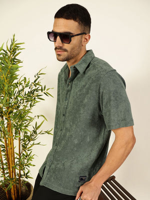 Sea Green Relaxed Fit Terry Towel Casual Knit Shirt For Men