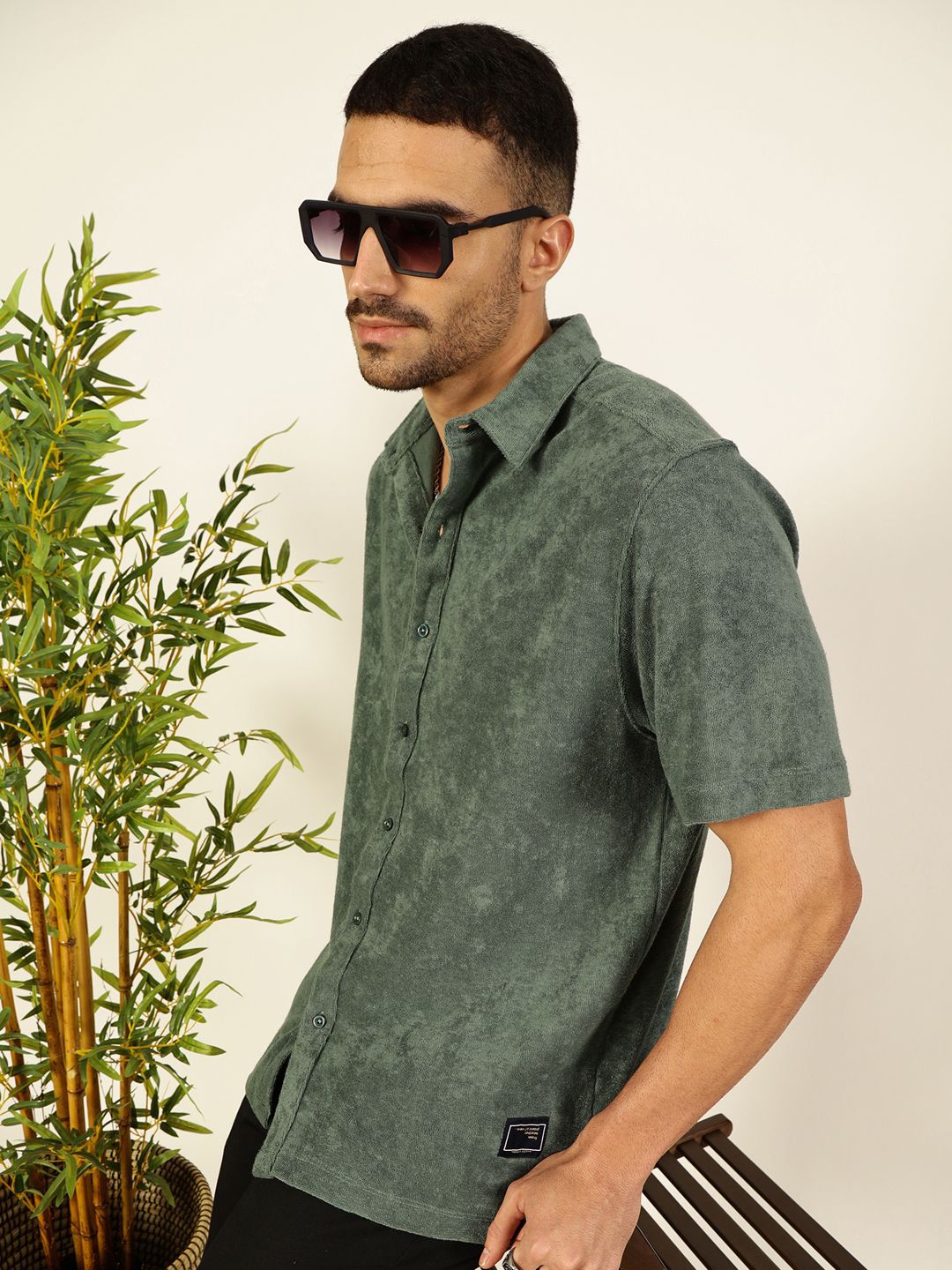 Sea Green Relaxed Fit Terry Towel Casual Knit Shirt For Men