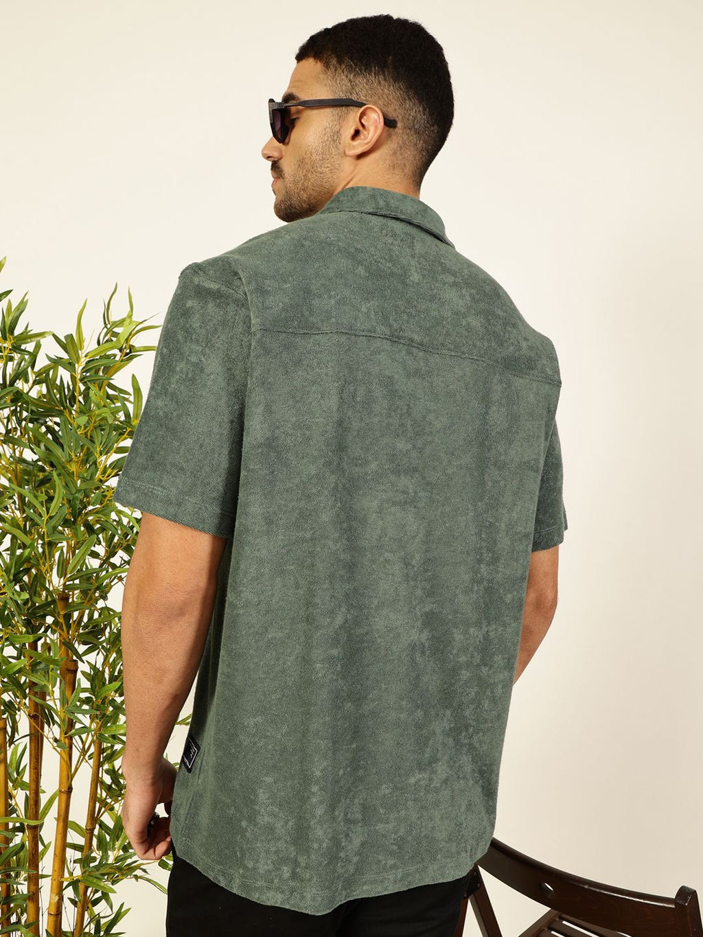 Sea Green Relaxed Fit Terry Towel Casual Knit Shirt For Men
