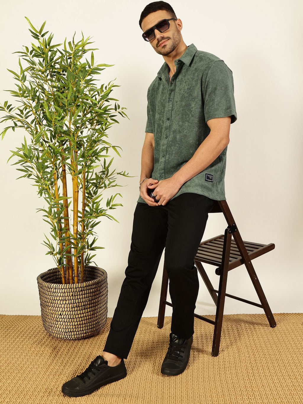 Sea Green Relaxed Fit Terry Towel Casual Knit Shirt For Men