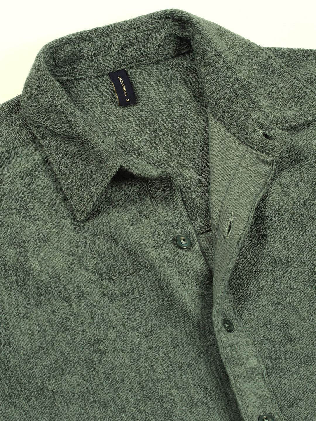 Sea Green Relaxed Fit Terry Towel Casual Knit Shirt For Men