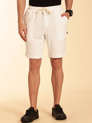 White Regular Fit Mid-Rise Knee Length Drawstring Closure Knitted Shorts For Men