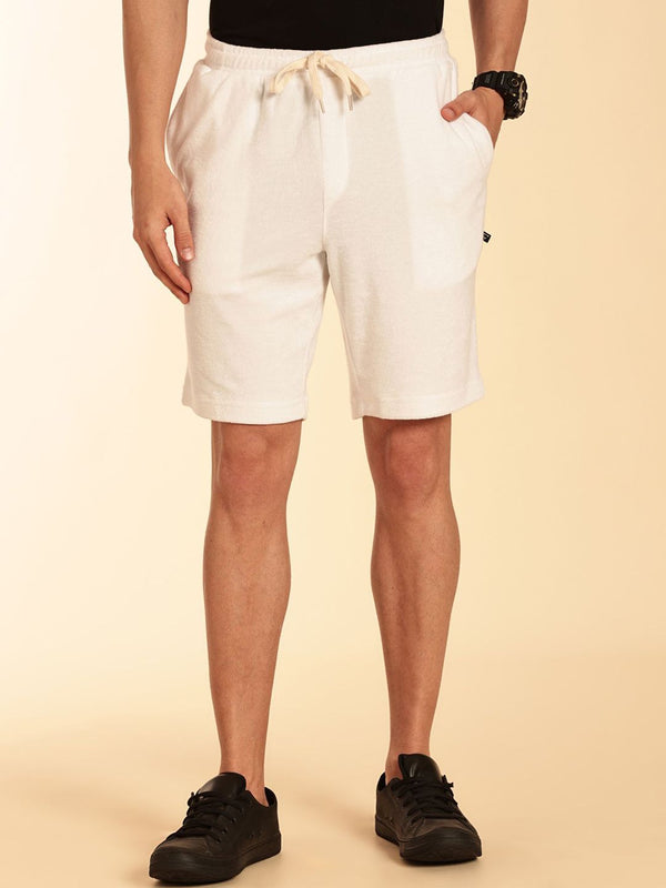 White Regular Fit Mid-Rise Knee Length Drawstring Closure Knitted Shorts For Men
