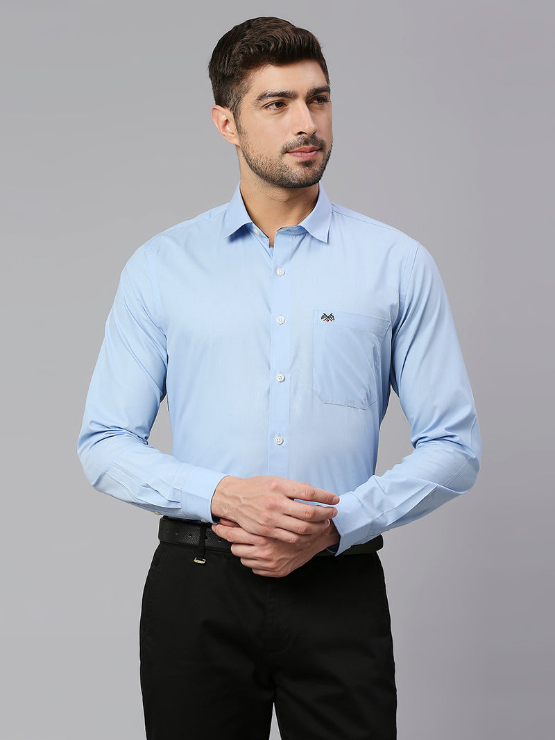 Thomas Scott Men Sky Blue Spread Collar Long Sleeves Classic Slim Fit Solid 100% Cotton Formal Shirt