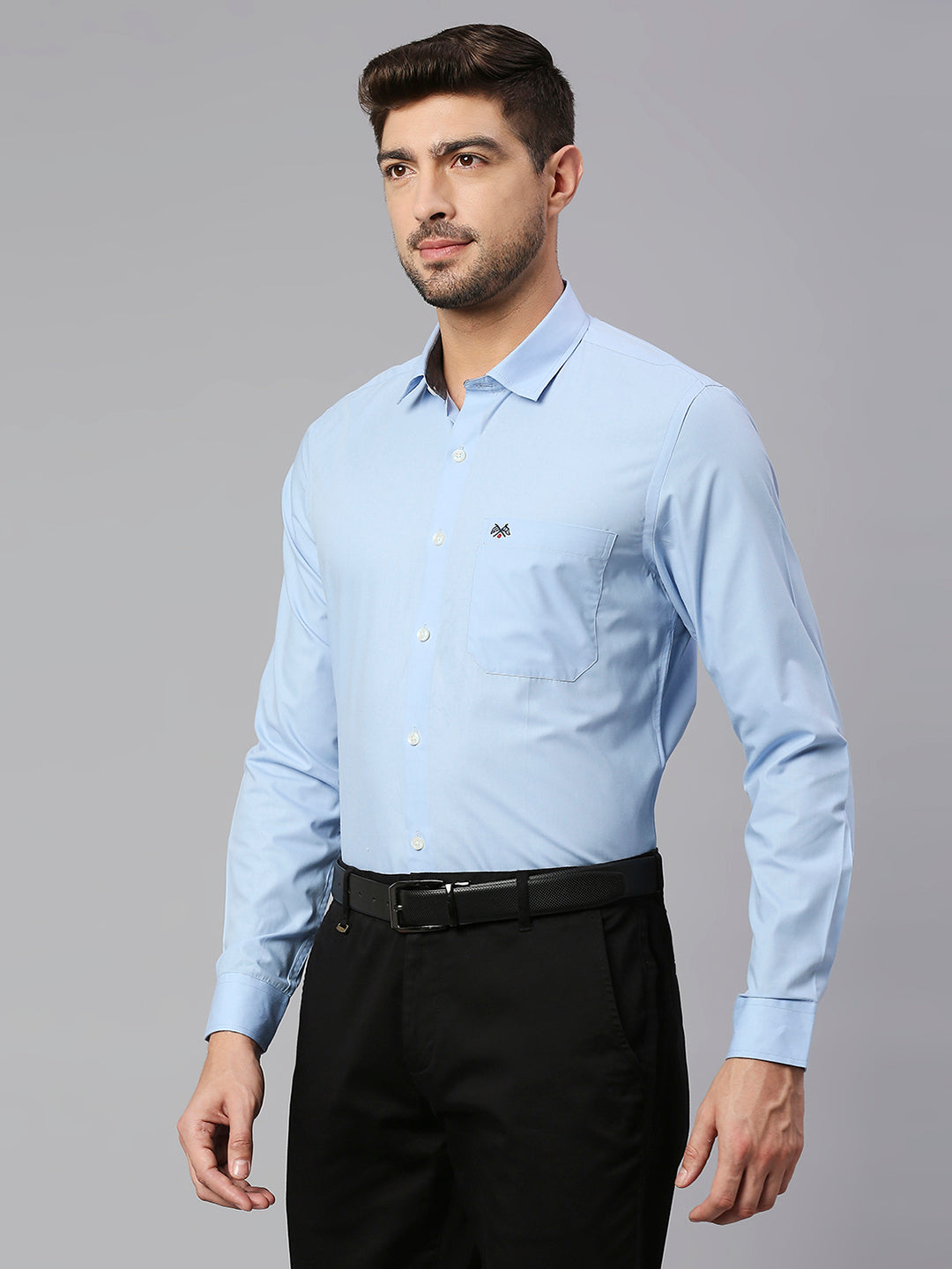Thomas Scott Men Sky Blue Spread Collar Long Sleeves Classic Slim Fit Solid 100% Cotton Formal Shirt